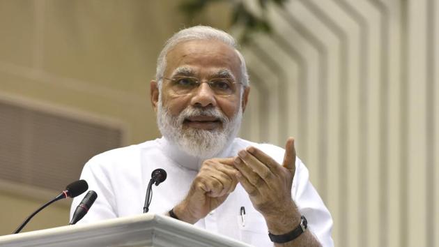 Prime Minister Narendra Modi addresses the gathering during the ‘moving towards digital and paperless court’ programme at Vigyan Bhawan in New Delhi on May 10. (Sushil Kumar/HT Photo) Prime Minister Narendra Modi addresses the gathering during the ‘moving towards digital and paperless court’ programme at Vigyan Bhawan in New Delhi on May 10. (Sushil Kumar/HT Photo)