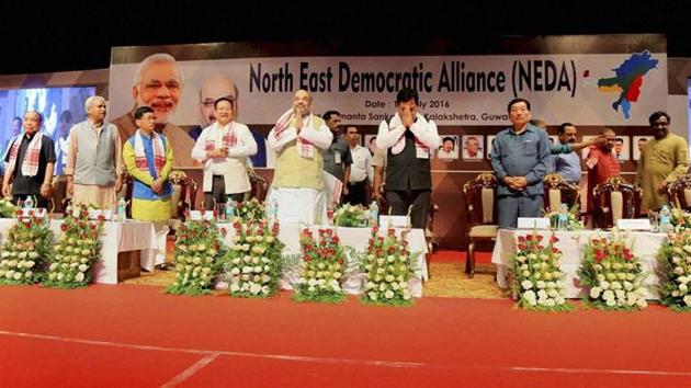 Bharatiya Janata Party (BJP) president Amit Shah with other leaders at North East Democratic Alliance (NEDA) conclave at Srimanta Sankardev Kalakshetra in Guwahati.(PTI File Photo)