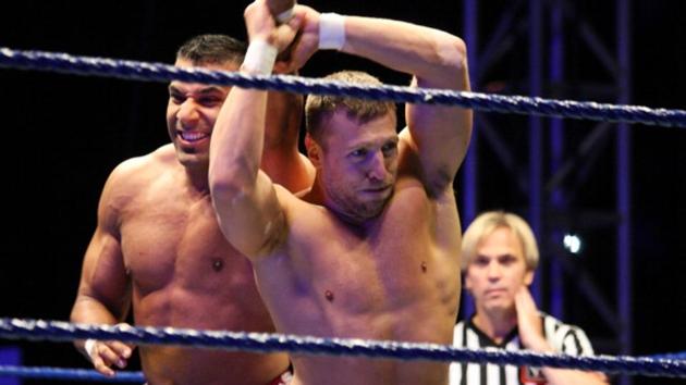 Jinder Mahal (left) in action against Bryan Danielson during the WWE Smackdown Live Tour at Westridge Park Tennis Stadium in Durban, South Africa.(Getty Images)