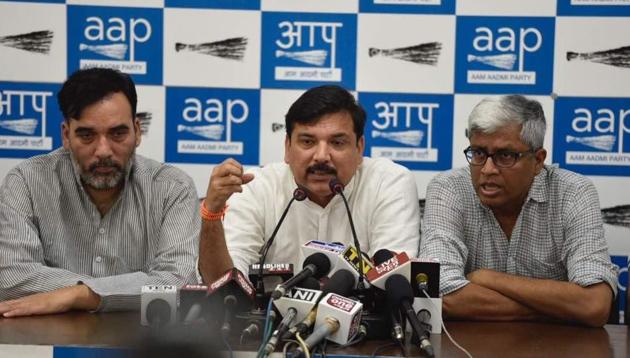 At a press conference on Saturday, AAP leaders Sanjay Singh, Ashutosh and Gopal Rai accused the ECI of not announcing the date for a “hackathon”. (Raj K Raj / HT Photo) At a press conference on Saturday, AAP leaders Sanjay Singh, Ashutosh and Gopal Rai accused the ECI of not announcing the date for a “hackathon”. (Raj K Raj / HT Photo)