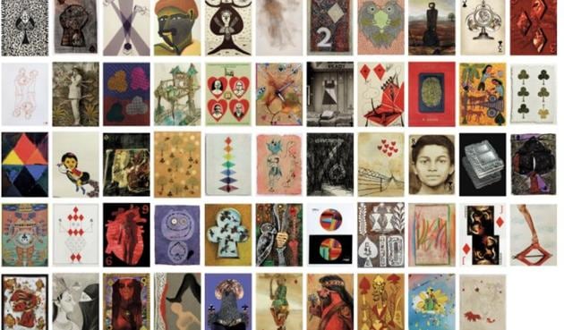 The full set, each card painted by a different artist. Featured are works across different media, including watercolour, pen-and-ink, and photography.(Christie’s)