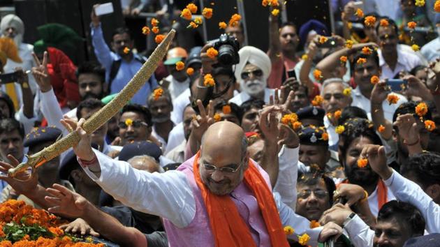 BJP national president Amit Shah in Chandigarh on Saturday. (Ravi Kumar/HT Photo)