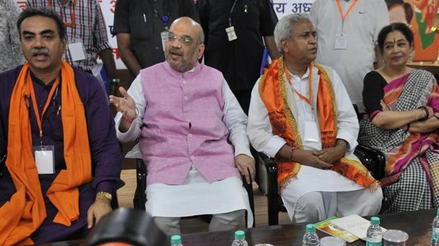 Amit Shah at the Chandigarh party office of BJP in Kamlam on Saturday. (Ravi Kumar/HT Photo)