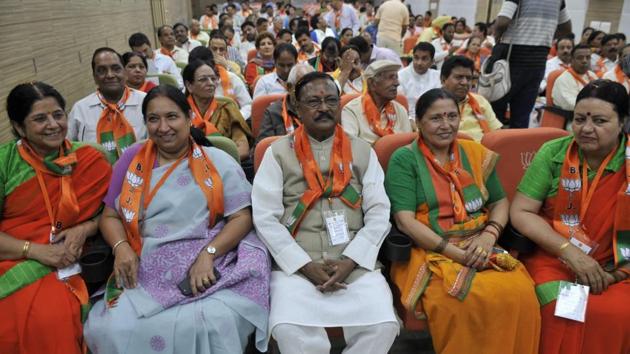 BJP party workers at the party office on Saturday. (Ravi Kumar/HT Photo)