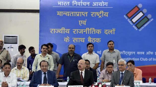 A meeting of political parties to discuss allegationgs of hacking EVMs. (Vipin Kumar/HT File Photo) A meeting of political parties to discuss allegationgs of hacking EVMs. (Vipin Kumar/HT File Photo)
