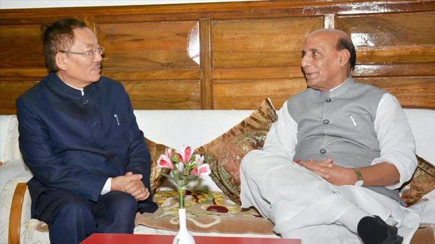 Chief Minister of Sikkim, Pawan Kumar Chamling meeting the Union Home Minister, Rajnath Singh in Gangtok, Sikkim on Friday. (PTI Photo) Chief Minister of Sikkim, Pawan Kumar Chamling meeting the Union Home Minister, Rajnath Singh in Gangtok, Sikkim on Friday. (PTI Photo)