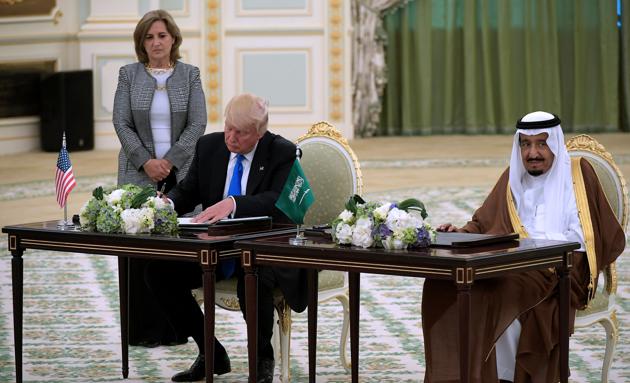 Donald Trump and Saudi Arabia's King Salman at a signing ceremony at the Saudi Royal Court in Riyadh on Saturday. (AFP) Donald Trump and Saudi Arabia's King Salman at a signing ceremony at the Saudi Royal Court in Riyadh on Saturday. (AFP)