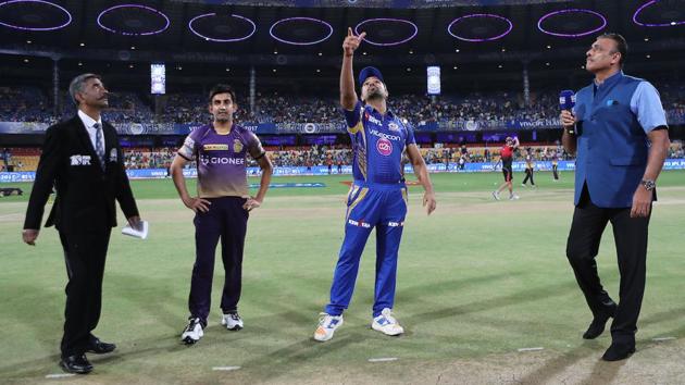 Kolkata Knight Riders captain Gautam Gambhir and Mumbai Indians captain Rohit Sharma at the toss. (BCCI) 
