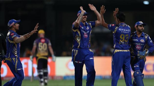 Mitchell Johnson of the Mumbai Indians celebrates the wicket of Chris Lynn of Kolkata Knight Riders. (BCCI) 