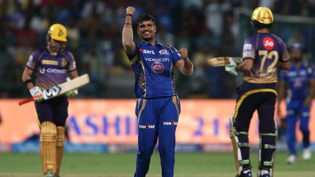 Mumbai Indians rode on Karn Sharma’s four wicket-haul to defeat Kolkata Knight Riders by six wickets in the second qualifier of IPL 2017 at the M Chinnaswamy Stadium. MI will face RPS in the final in Hyderabad on Sunday.(BCCI)