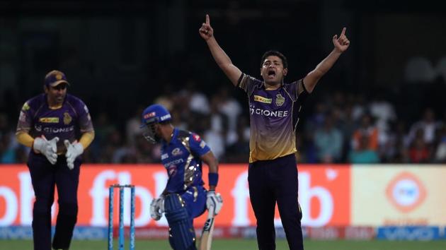 Piyush Chawla of Kolkata Knight Riders celebrates the wicket of Lendl Simmons of  Mumbai Indians. (BCCI) 