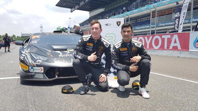 Armaan Ebrahim (right) and Jack Bartholomew after their podium in the Super Trofeo Asia Series at Chang International Circuit, in Buriram, Thailand, on Sunday.(HT Photo) Armaan Ebrahim (right) and Jack Bartholomew after their podium in the Super Trofeo Asia Series at Chang International Circuit, in Buriram, Thailand, on Sunday.(HT Photo)