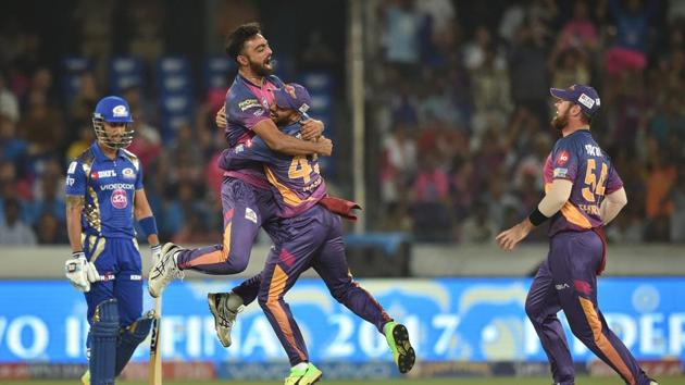 Rising Pune Supergiant’s Jaydev Unadkat celebrates after dismissing Mumbai Indians’ Lendl Simmons during the Indian Premier League (IPL) 2017 final. (PTI) Rising Pune Supergiant’s Jaydev Unadkat celebrates after dismissing Mumbai Indians’ Lendl Simmons during the Indian Premier League (IPL) 2017 final. (PTI)