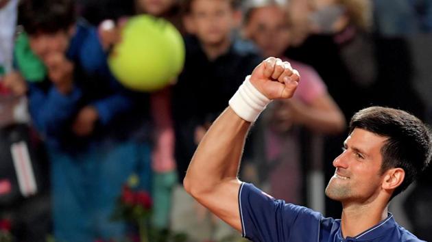 Serbia’s Novak Djokovic celebrates after winning the semi-final against Dominic Thiem of Austria at the Italian Open in Rome. (AFP) Serbia’s Novak Djokovic celebrates after winning the semi-final against Dominic Thiem of Austria at the Italian Open in Rome. (AFP)