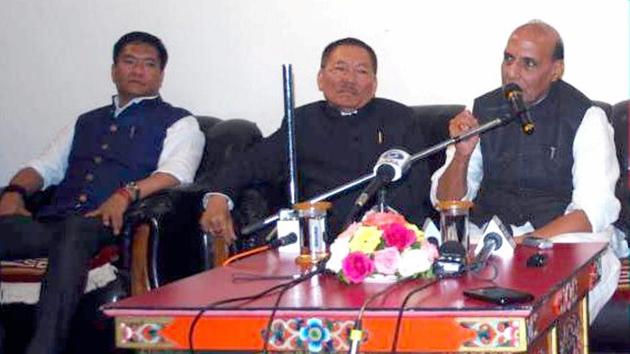 Union home minister Rajnath Singh addresses a press conference after chairing a review meeting of the chief ministers of five States on Indo-China Border Infrastructure and other issues, in Gangtok, Sikkim on Saturday. (PTI Photo) Union home minister Rajnath Singh addresses a press conference after chairing a review meeting of the chief ministers of five States on Indo-China Border Infrastructure and other issues, in Gangtok, Sikkim on Saturday. (PTI Photo)