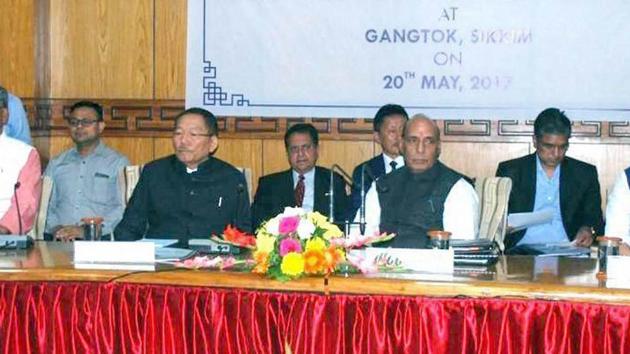 Union Home Minister Rajnath Singh chairs a review meeting of the Chief Ministers of five States on Indo-China Border Infrastructure and other issues, in Gangtok, Sikkim on Saturday. (PTI Photo) Union Home Minister Rajnath Singh chairs a review meeting of the Chief Ministers of five States on Indo-China Border Infrastructure and other issues, in Gangtok, Sikkim on Saturday. (PTI Photo)