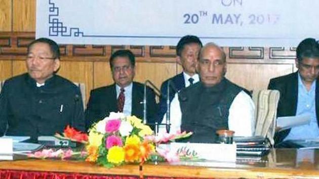 Union home minister Rajnath Singh chairs a review meeting of the chief ministers of five states on Indo-China Border Infrastructure and other issues, in Gangtok, Sikkim on May 21. (PTI Photo) Union home minister Rajnath Singh chairs a review meeting of the chief ministers of five states on Indo-China Border Infrastructure and other issues, in Gangtok, Sikkim on May 21. (PTI Photo)