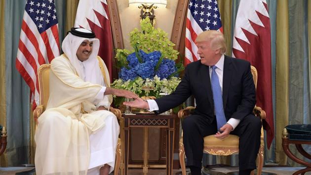 US President Donald Trump and Qatar's Emir Sheikh Tamim Bin Hamad Al-Thani take part in a bilateral meeting at a hotel in Riyadh on Sunday. (AFP) US President Donald Trump and Qatar's Emir Sheikh Tamim Bin Hamad Al-Thani take part in a bilateral meeting at a hotel in Riyadh on Sunday. (AFP)