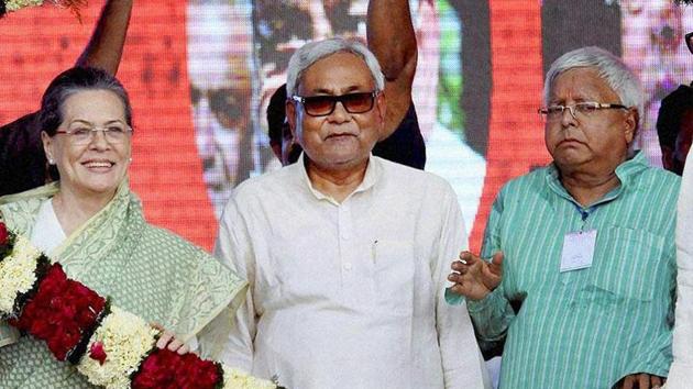 Congress president Sonia Gandhi with Bihar chief minister Nitish Kumar and RJD chief Lalu Prasad in Patna. (PTI File Photo) Congress president Sonia Gandhi with Bihar chief minister Nitish Kumar and RJD chief Lalu Prasad in Patna. (PTI File Photo)