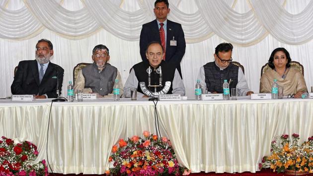 Finance minister Arun Jaitley with other leaders addresses a press conference on the concluding day of the 14th Goods and Services Tax (GST) Council meet in Srinagar.(PTI Photo) Finance minister Arun Jaitley with other leaders addresses a press conference on the concluding day of the 14th Goods and Services Tax (GST) Council meet in Srinagar.(PTI Photo)