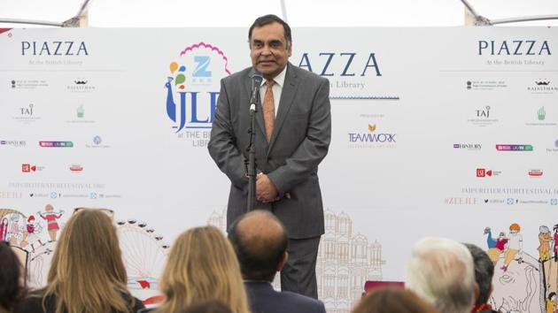 Indian high commissioner YK Sinha delivering the inaugural address at the Jaipur Literature Festival, part of the UK-India Year of Culture, at the British Library in London. (HT Photo) Indian high commissioner YK Sinha delivering the inaugural address at the Jaipur Literature Festival, part of the UK-India Year of Culture, at the British Library in London. (HT Photo)