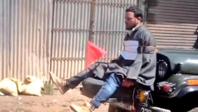 The video showing a man tied to a jeep as a human shield against protesters had triggered outrage in Kashmir.(Photo: Twitter/Omar Abdullah)