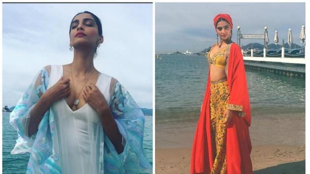 Sonam Kapoor wore an Abu Jani and Sandeep Khosla and Anamika Khanna while attending the photocall on the beach of Cannes.(Instagram)