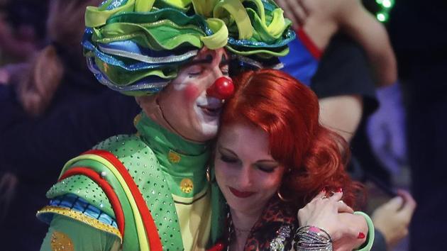 Two performers hug after the final show of the Ringling Bros. and Barnum & Bailey Circus, Sunday. After 146 years, America’s most celebrated circus Ringling Bros and Barnum & Bailey Circus has staged its final performance in New York. (Julie Jacobson / AP)