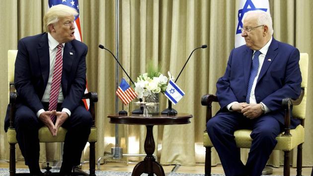 US President Donald Trump with Israeli President Reuven Rivlin in Jerusalem on May 22, 2017. Trump opened his first visit to Israel on Monday, a two-day stop aimed at testing the waters for jump-starting the dormant Middle East peace process. (AP) US President Donald Trump with Israeli President Reuven Rivlin in Jerusalem on May 22, 2017. Trump opened his first visit to Israel on Monday, a two-day stop aimed at testing the waters for jump-starting the dormant Middle East peace process. (AP)