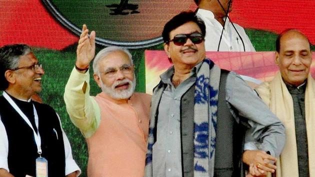 Bihar BJP leader Sushil Modi (extreme left) with then Gujarat CM Modi, actor-turned politician Shatrughan Sinha and senior BJP leaderRajnath Singh at a rally in Patna. (PTI File) Bihar BJP leader Sushil Modi (extreme left) with then Gujarat CM Modi, actor-turned politician Shatrughan Sinha and senior BJP leaderRajnath Singh at a rally in Patna. (PTI File)