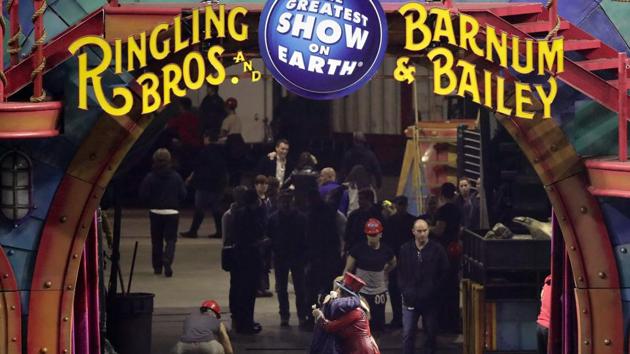 Ringling Bros. and Barnum & Bailey Circus ringmaster Kristen Michelle Wilson hugs a member of the crew after the circus' red unit gave its final performance in Providence. (AP File Photo) Ringling Bros. and Barnum & Bailey Circus ringmaster Kristen Michelle Wilson hugs a member of the crew after the circus' red unit gave its final performance in Providence. (AP File Photo)
