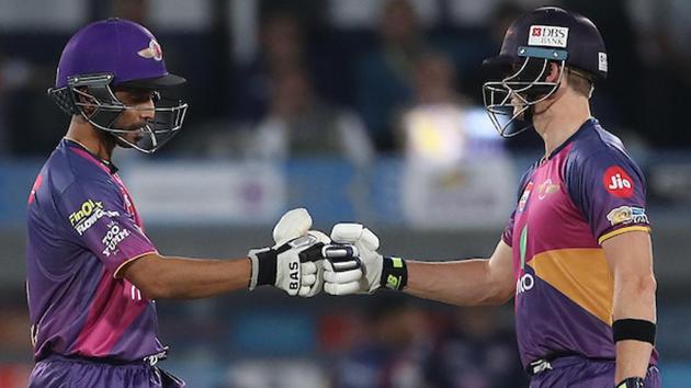 Ajinkya Rahane of Rising Pune Supergiant and Rising Pune Supergiant captain Steven Smith during the final of the 2017 Indian Premier League. (PTI)