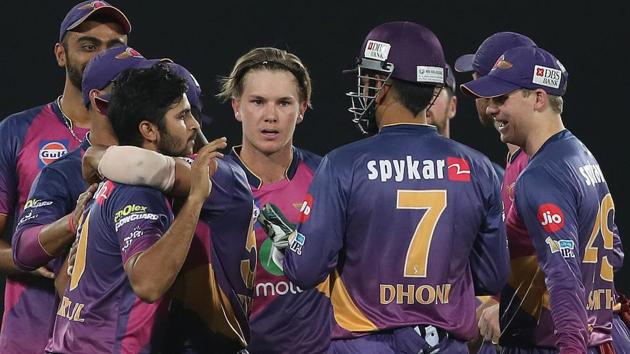 Adam Zampa of Rising Pune Supergiant celebrates the wicket of Mumbai Indians captain Rohit Sharma. (BCCI)