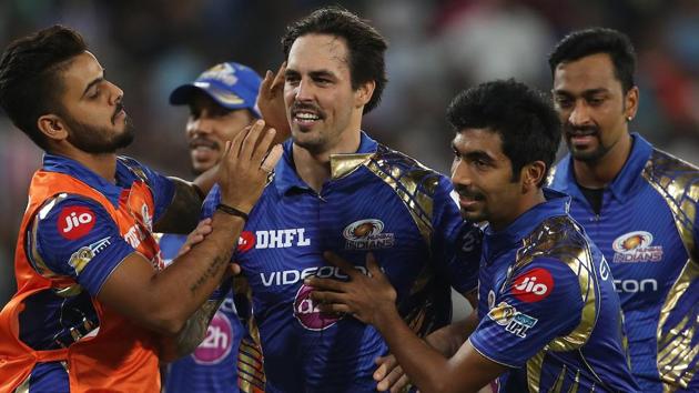 Mitchell Johnson of the Mumbai Indians celebrates the wicket of Rising Pune Supergiant captain Steven Smith. (BCCI)