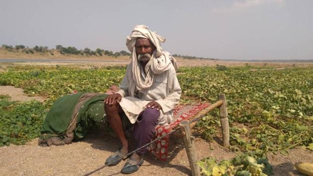 Ramprakash Yadav, a 75-year-old farmer, sits on a cot amid seering sand guarding the vegetable planted on the bed of river Betwa. (HT Photo) Ramprakash Yadav, a 75-year-old farmer, sits on a cot amid seering sand guarding the vegetable planted on the bed of river Betwa. (HT Photo)