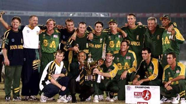 South Africa cricket team, the underachiever of world cricket, won their one and only ICC trophy at the inaugural edition of the ICC Champions Trophy, which was then christened ICC Knockout Trophy and popularly known as the Mini World Cup. They beat West Indies cricket team in the final in Dhaka, Bangladesh. (HT Photo)