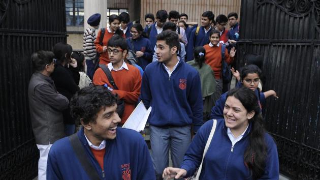 Students coming out after taking the CBSE board Class 12 exam at Guru Harkishan Public School in New Delhi.(Sushil Kumar/ HT file)