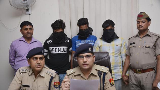 The three accused were identified as Nadeem, a BBA student, Mohammad Qasim, a civil engineering student and Moin, who had studied up to class 10. (Sakib Ali/HT Photo) The three accused were identified as Nadeem, a BBA student, Mohammad Qasim, a civil engineering student and Moin, who had studied up to class 10. (Sakib Ali/HT Photo)