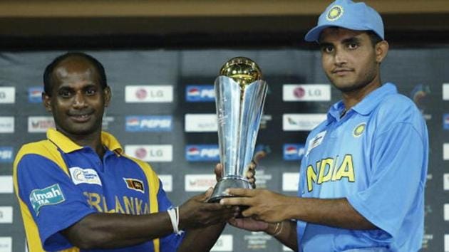 Sri Lanka cricket team skipper Sanath Jayasuriya and India cricket team skipper Sourav Ganguly with the 2002 ICC Champions Trophy after the final in Colombo was washed out too. India and Sri Lanka shareed the ICC Champions Trophy. (Getty Images)