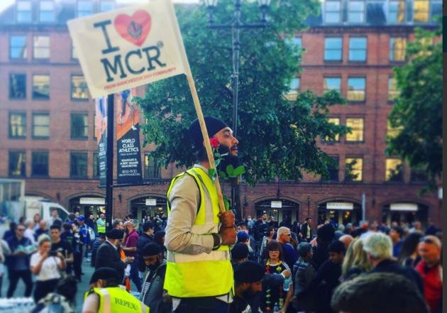 A member of the Sikh community at a vigil in Manchester on Tuesday.(via Twitter)