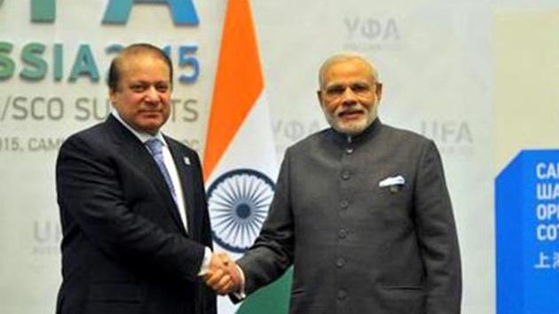 Prime Minister Narendra Modi shakes hands with his Pakistani counterpart Nawaz Sharif ahead of bilateral talks in Russia’s Ufa in 2015.(File photo) Prime Minister Narendra Modi shakes hands with his Pakistani counterpart Nawaz Sharif ahead of bilateral talks in Russia’s Ufa in 2015.(File photo)
