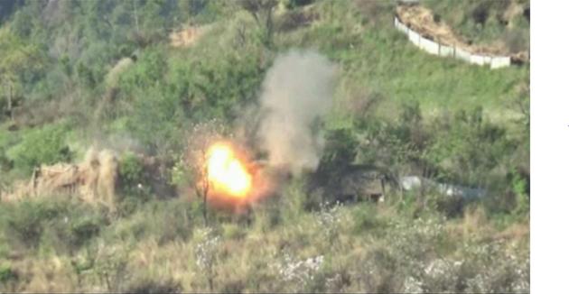 A Pakistani border post is hit by Indian weapons, as seen in a video released by the Indian army on Tuesday. (Video grab) A Pakistani border post is hit by Indian weapons, as seen in a video released by the Indian army on Tuesday. (Video grab)