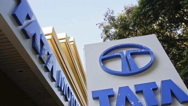 Tata Motors logos are pictured outside their flagship showroom in Mumbai.(Reuters photo)