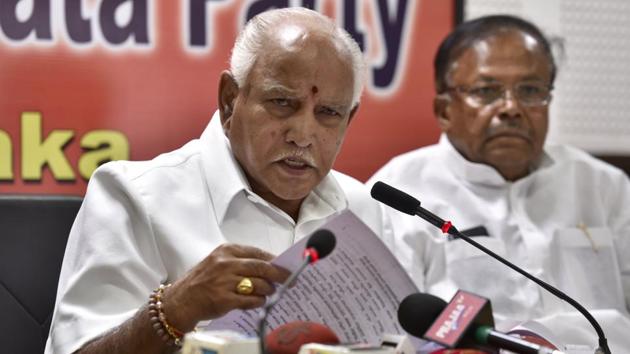 Karnataka state BJP president B S Yeddyurappa during a press conference at BJP party office in Bengaluru. (Arijit Sen/HT Photo) Karnataka state BJP president B S Yeddyurappa during a press conference at BJP party office in Bengaluru. (Arijit Sen/HT Photo)