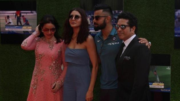 Sachin Tendulkar along with wife Anjali (extreme left), Anushka Sharma and Virat Kohli during the premiere of film Sachin: A Billion Dreams.(IANS)