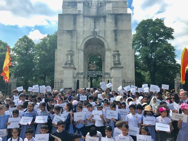 Hundreds of Leicester children with names of members of Indian Labour Corps. (HT Photo) Hundreds of Leicester children with names of members of Indian Labour Corps. (HT Photo)