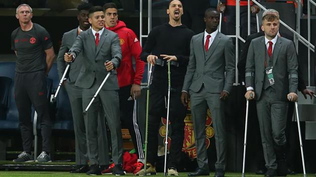 Manchester United’s trophies from a long and brutal season was best illustrated by the presence of their injured players at the sidelines of the UEFA Europa League final against Ajax Amsterdam. From left, Marcos Rojo, star striker Zlatan Ibrahimovic, Eric Bailly and Luke Shaw rooted for their side as they beat Ajax to win the crown. (Getty Images)