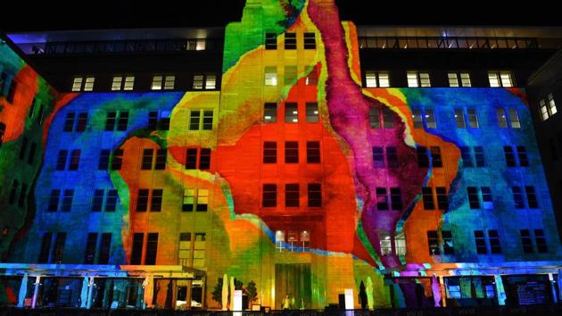 The Museum of Contemporary Art building is lit up during the media preview of the Vivid Sydney festival. (SAEED KHAN / AFP) The Museum of Contemporary Art building is lit up during the media preview of the Vivid Sydney festival. (SAEED KHAN / AFP)