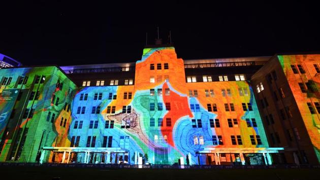 The Museum of Contemporary Art building is lit up during the media preview of the Vivid Sydney festival. (SAEED KHAN / AFP) The Museum of Contemporary Art building is lit up during the media preview of the Vivid Sydney festival. (SAEED KHAN / AFP)
