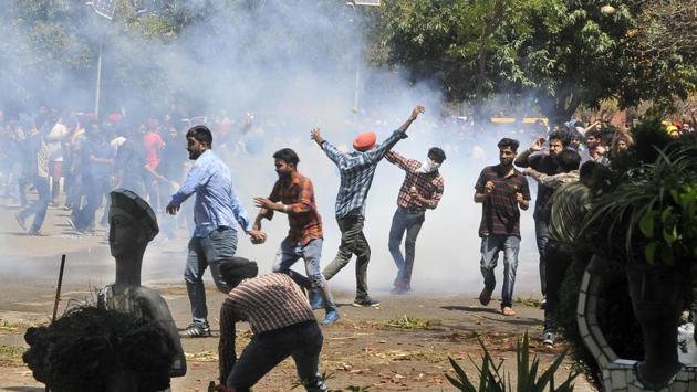 Clash between students and cops near PU V-C office on Apr 11. (HT File Photo)
